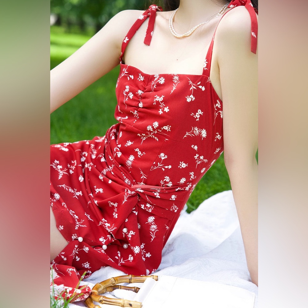 SOLD- NWT Petite Studio NYC Lorraine Midi Dress Red Floral Sun Dress Women’s XS - Picture 4 of 14